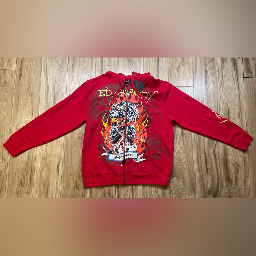 Ed Hardy Vibrant Red Zip-Up Hoodie Fire Tiger Size M